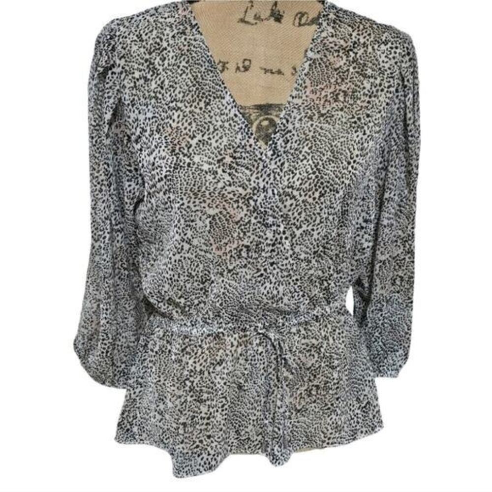 DKNY Womens Leopard Print V-Neckā Wrap Blouse Black White Small 3/4 Sleeve Top